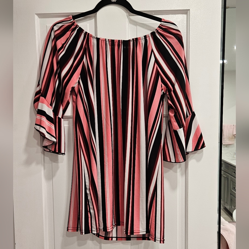 Pink and Black Striped Blouse with Fun Bell Half Sleeves
